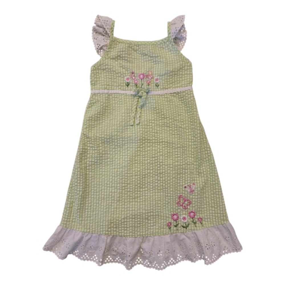 Vintage Y2k Youngland Green Gingham Dress with Floral Embroidery